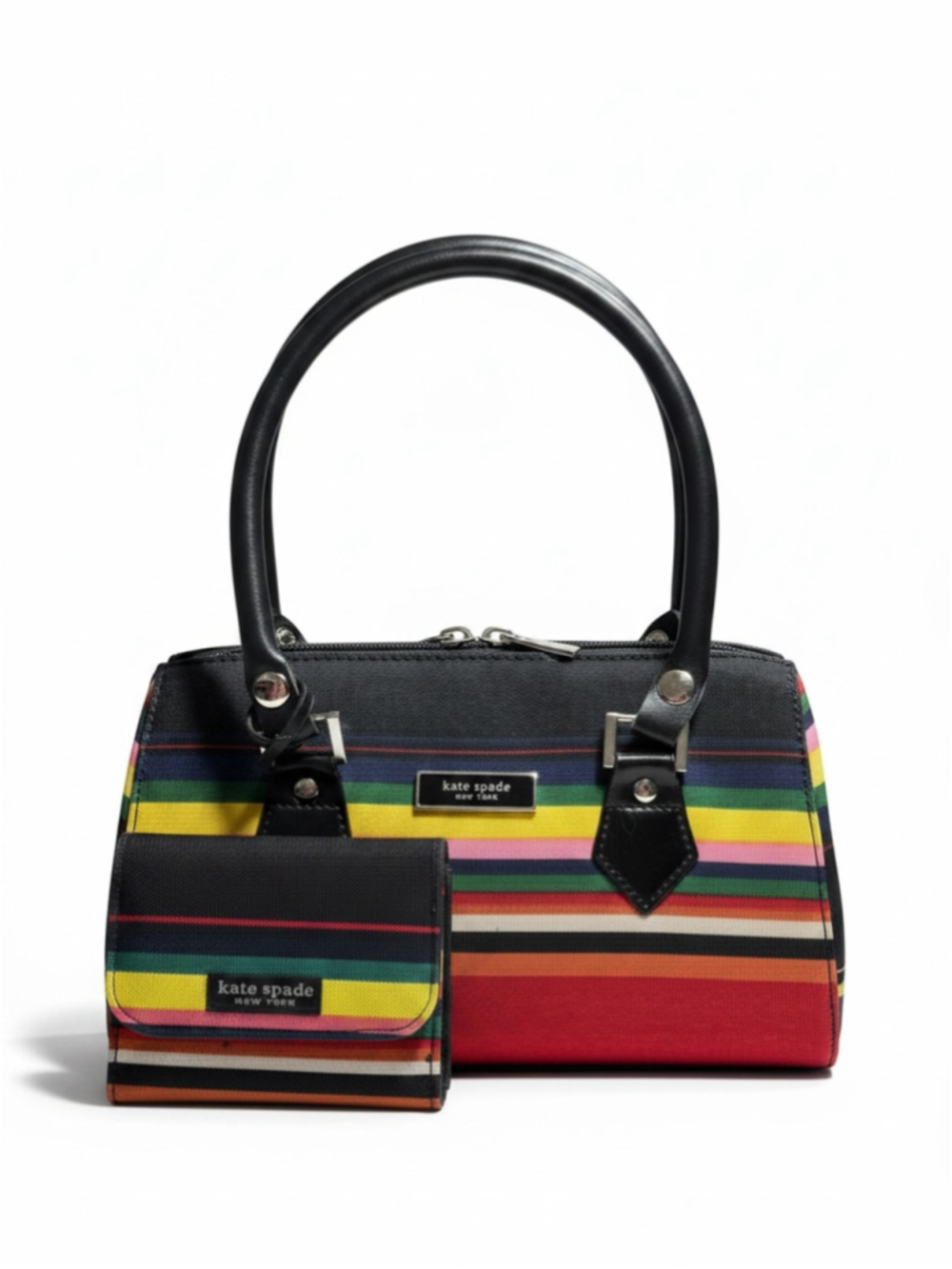 Vintage Kate Spade Multicolor Rainbow Stripe Canvas Satchel + Matching Wallet